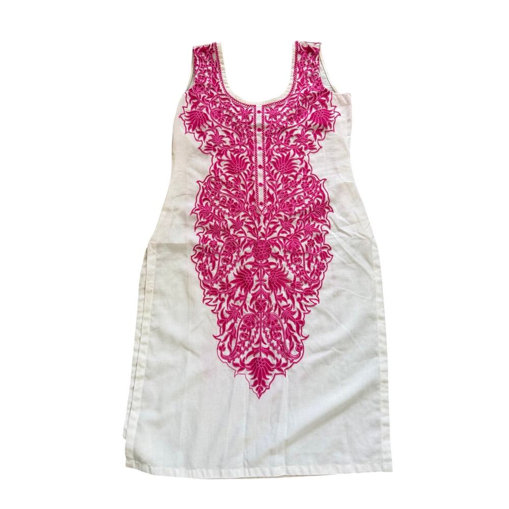 Vintage White & Hot Pink Floral Indian Embroidery Sleeveless Tunic Kameez Boho